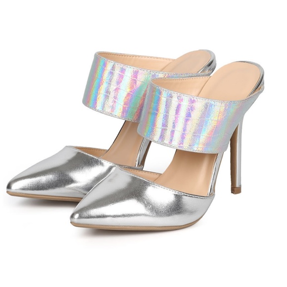 Shoes - Adorah Silver Holographic Pointed Toe Mule Shoes - Adorah Silver Holographic Pointed Toe Mule